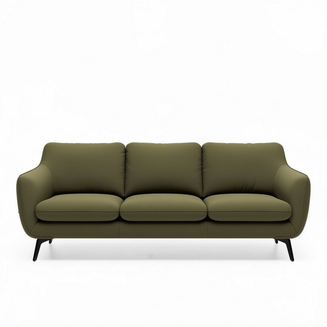 Olijfgroene bank van stof met metalen poten 210 x 90 x 85cm