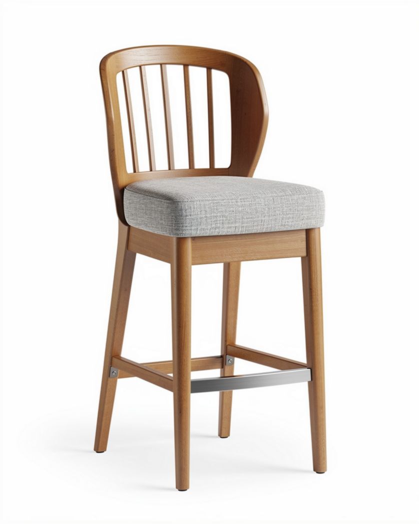 Houten barkruk met stoffen zitting en vierkante poten 45 x 45 x 100cm