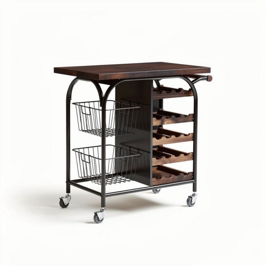 Keuken trolley met houten blad en metalen frame 80 x 50 x 90cm zwart en bruin