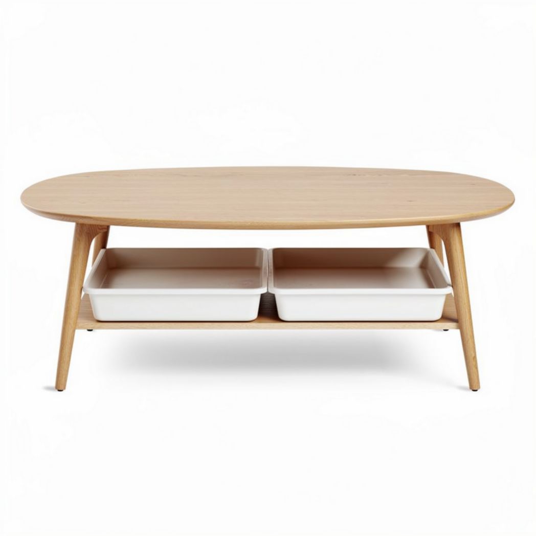 Eikenhouten salontafel met onderblad en twee opbergdozen 120 x 60 x 40cm