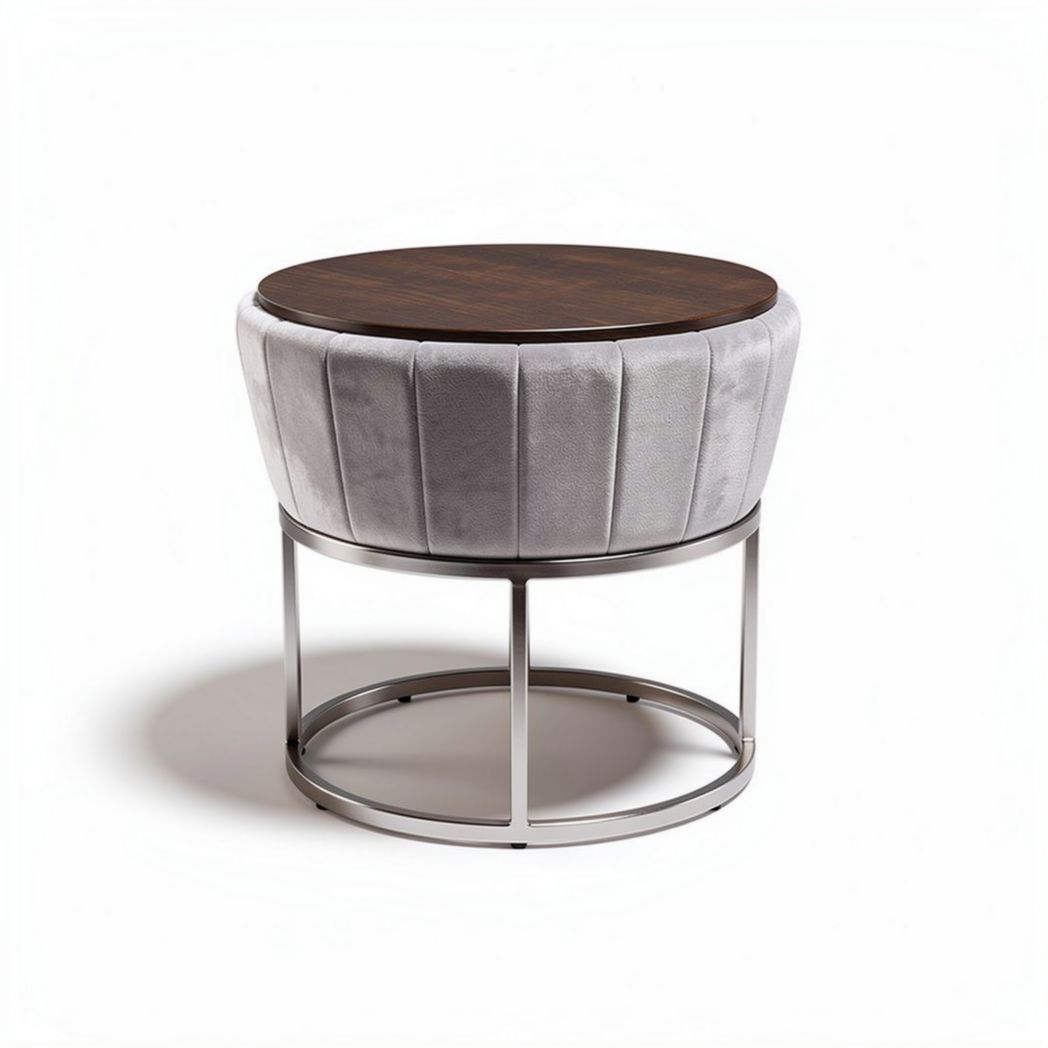 Ronde salontafel van grijs fluweel en houten blad met metalen frame 60 x 60 x 45cm