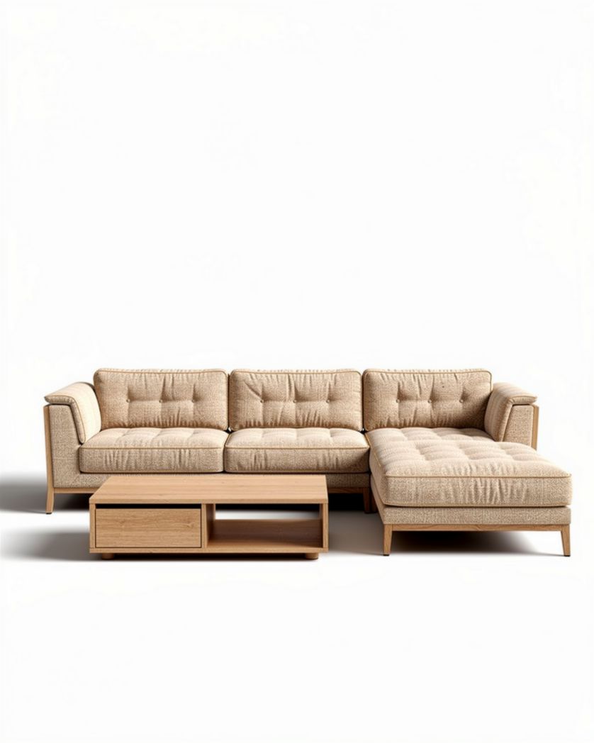 Beige loungebank met verstelbare chaise longue en houten elementen 250 x 100 x 90cm
